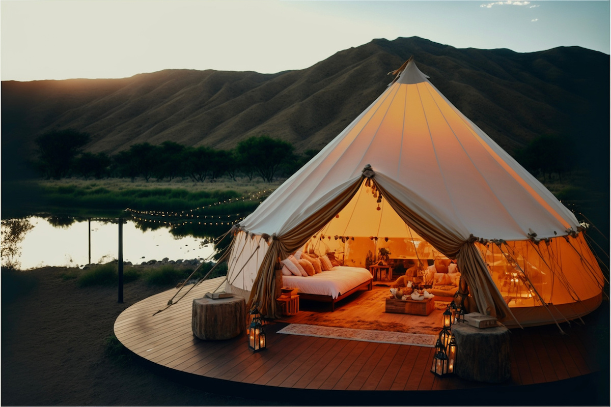 A white tent set up for glamping on a campground next to a lake and mountain. 